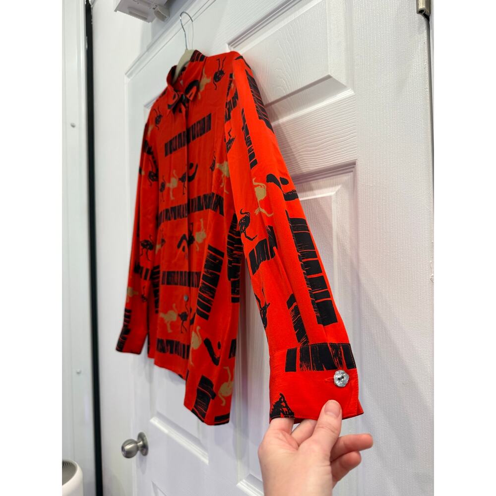 Paolo Santini Vintage Retro Red Black Silk Emu Button Down Top Sz 4 - Picture 2 of 5